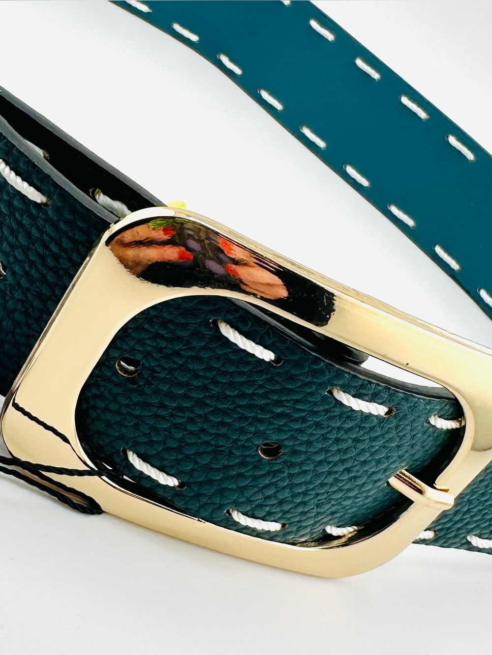 Alex-Max Ladies Teal Leather White Stitch Gold Buckle Belt, Size Small